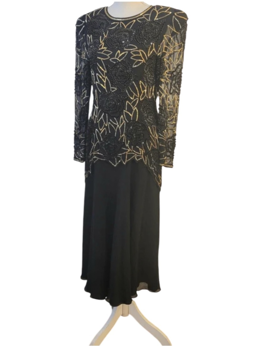 Black Tie 100% silk Floral Black & Gold Midi Dress Like New